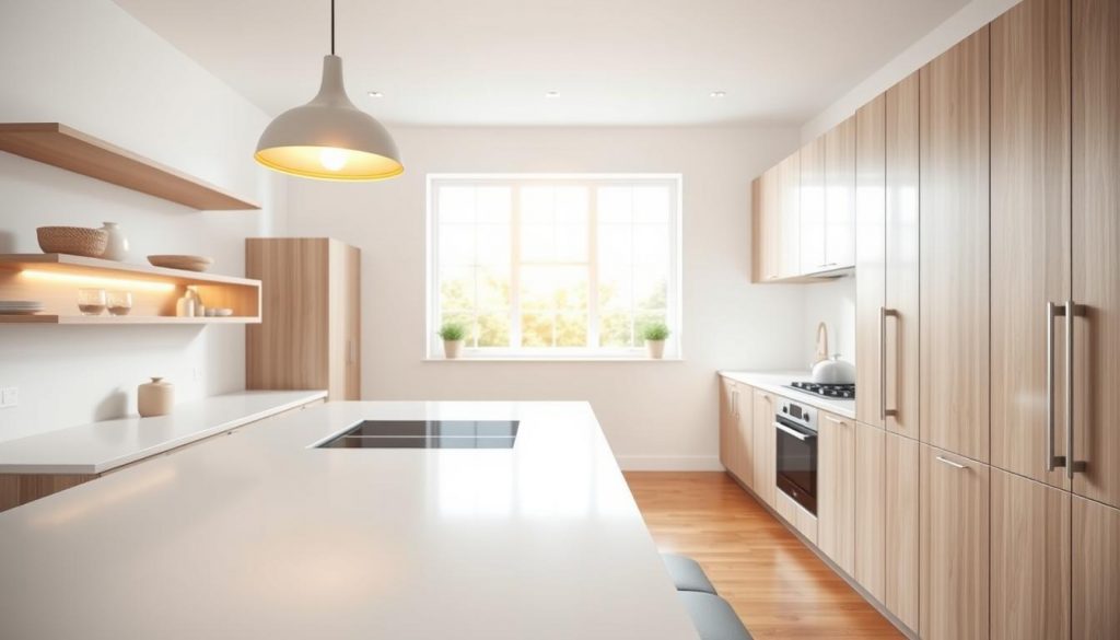 A bright, modern kitchen with a timeless aesthetic. In the foreground, a sleek white countertop with minimalist cabinetry in a light wood tone. Overhead, a stylish pendant light casts a warm, inviting glow. In the middle ground, a large window fills the space with natural light, highlighting the clean lines and neutral palette. The background features a hardwood floor, adding depth and texture to the scene. The overall atmosphere is one of tranquility and functionality, showcasing the advantages of the "Kitchen Prestige" white and wood design.