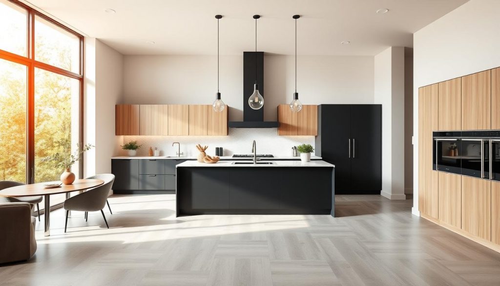 A contemporary kitchen with an open floor plan, flooded with warm natural light from large windows. The sleek, minimalist design features a Kitchen Prestige brand kitchen with a central island and a mix of light wood and matte black cabinetry. Subtle textures like marble countertops and herringbone backsplash tiles add visual interest. Pendant lights with clean lines hang above the island, casting a soft glow. The space feels airy and inviting, seamlessly blending into the adjacent living area for a cohesive, modern aesthetic.