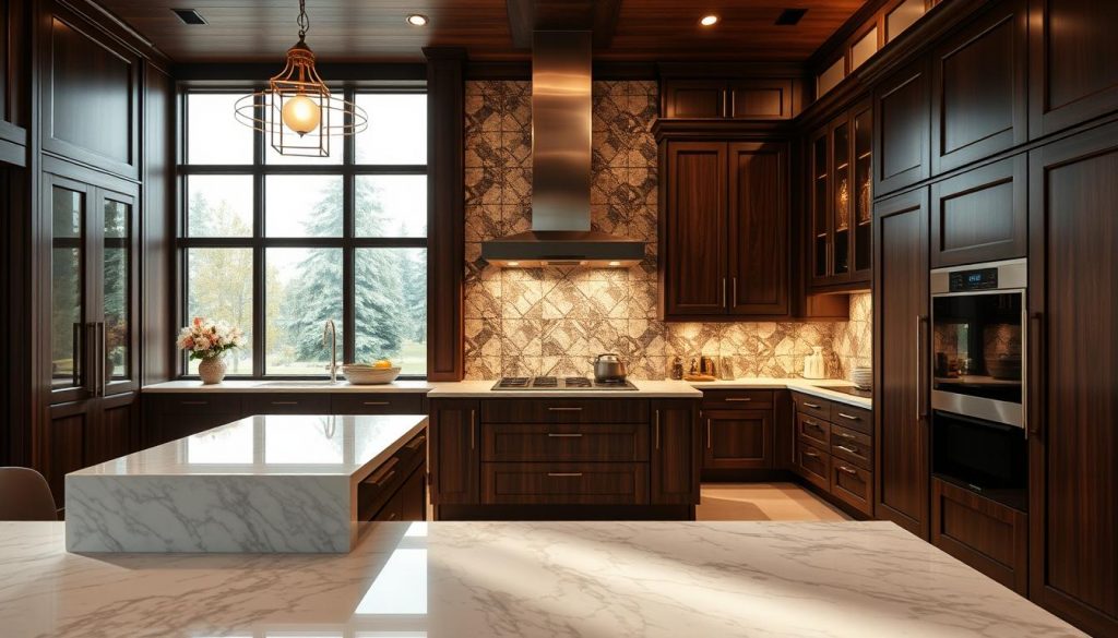 A high-end, luxurious kitchen with an array of premium materials and finishes. The foreground showcases a sleek, modern kitchen island crafted from gleaming marble, complemented by a backsplash of exquisite, handcrafted tiles. In the middle ground, rich, dark-stained wood cabinetry and a professional-grade range hood create a sense of elegance and refinement. The background features large, floor-to-ceiling windows that flood the space with warm, natural light, casting a cozy, inviting atmosphere. Elegant pendant lighting casts a soft, ambient glow, highlighting the premium materials and finishes. This high-end kitchen, designed by the brand "Kitchen Prestige", exudes sophistication and attention to detail.