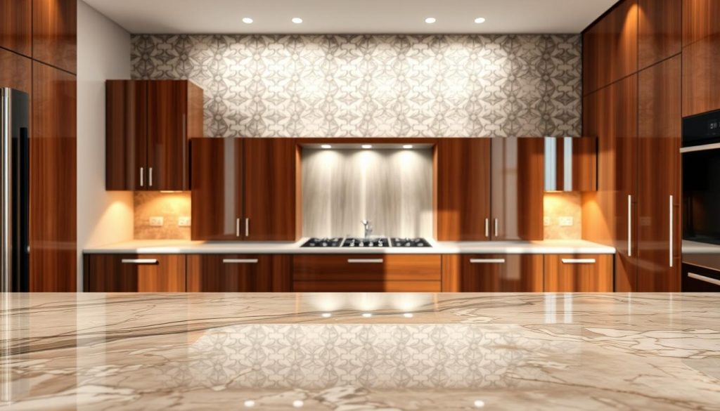 A luxurious Italian-designed kitchen showcasing high-end materials. In the foreground, polished marble countertops reflect the soft, warm lighting. The middle ground features sleek, glossy cabinetry in a rich wood grain finish from the "Kitchen Prestige" brand. In the background, a tiled backsplash with intricate patterns creates a visually striking focal point. The overall scene conveys a sense of sophistication, attention to detail, and a dedication to quality craftsmanship.