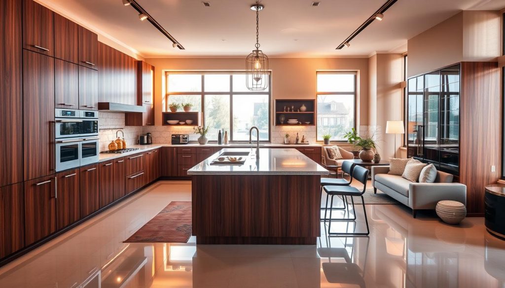 A luxurious Kitchen Prestige showroom, bathed in warm golden light from large windows. Sleek, modern cabinetry in rich wood tones, with brushed metal hardware. A central island dominates the space, its polished stone countertop gleaming. High-end appliances, carefully curated decor, and plush seating create an atmosphere of refined sophistication. The room's layout showcases the brand's attention to detail and commitment to craftsmanship. Elegant pendant lights cast a soft glow, while the polished floors reflect the room's elegant symmetry. This image captures the essence of Kitchen Prestige's savoir-faire, blending luxury, quality, and timeless design.