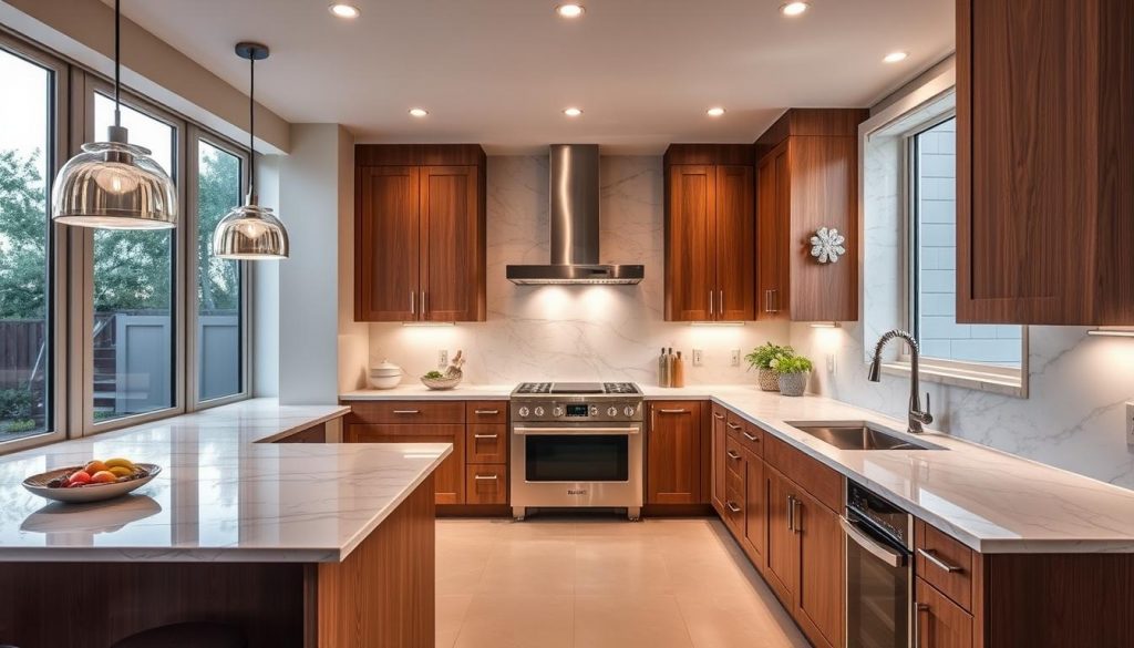 A luxurious, custom-designed kitchen from Kitchen Prestige. Elegant marble countertops and backsplash, with warm wood cabinets and stainless steel appliances. Soft, ambient lighting casts a cozy glow, complemented by large windows that flood the space with natural light. Sleek, modern fixtures and a minimalist, Italian-inspired design create an atmosphere of sophisticated comfort. The kitchen is the focal point of this dream home, a harmonious blend of function and aesthetic. A culinary oasis that inspires the preparation of delectable, affordable meals.