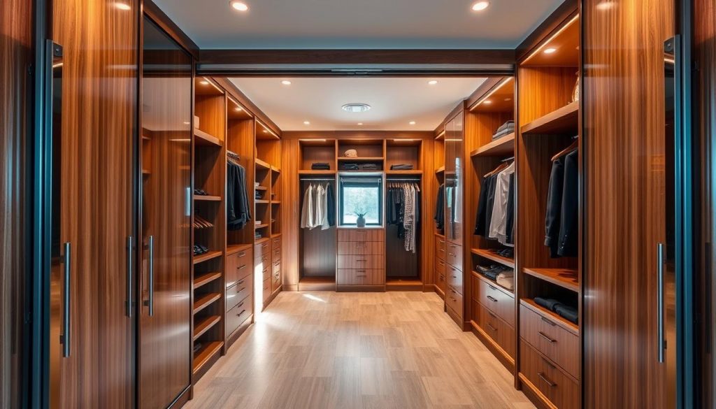 A luxurious walk-in closet with sleek sliding doors, crafted with precision by the artisans of Kitchen Prestige. Gleaming wood paneling and elegant metallic accents create a harmonious blend of functionality and aesthetic allure. Ample storage space is showcased through the open design, bathed in warm, natural lighting that filters through the sliding doors. The meticulously organized shelves and hanging rods demonstrate the perfect balance of form and function, befitting the discerning homeowner's vision. This custom-tailored dressing room embodies the essence of bespoke luxury, a true testament to the brand's commitment to exceptional quality and design.