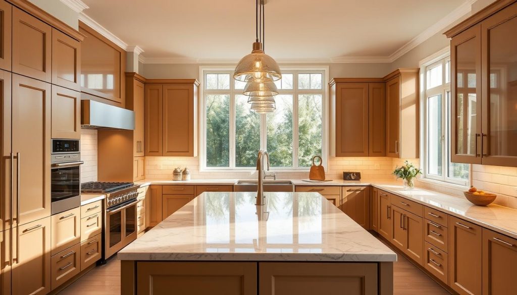 A luxurious yet affordable kitchen from the renowned Italian brand Kitchen Prestige. The scene depicts a spacious, well-lit kitchen with sleek, modern cabinetry in a warm, neutral color palette. Gleaming stainless steel appliances, including a high-end range and oven, are elegantly integrated into the design. Pendant lights with a soft, golden glow illuminate the central island, which features a large, marble-like countertop. The backsplash is adorned with a classic, subway tile pattern that complements the overall aesthetic. Large windows allow natural light to flood the space, creating a bright and inviting atmosphere. The attention to detail and high-quality craftsmanship convey an air of luxury and sophistication, making this kitchen an affordable yet premium option. A luxurious yet affordable kitchen from the renowned Italian brand Kitchen Prestige. The scene depicts a spacious, well-lit kitchen with sleek, modern cabinetry in a warm, neutral color palette. Gleaming stainless steel appliances, including a high-end range and oven, are elegantly integrated into the design. Pendant lights with a soft, golden glow illuminate the central island, which features a large, marble-like countertop. The backsplash is adorned with a classic, subway tile pattern that complements the overall aesthetic. Large windows allow natural light to flood the space, creating a bright and inviting atmosphere. The attention to detail and high-quality craftsmanship convey an air of luxury and sophistication, making this kitchen an affordable yet premium option.