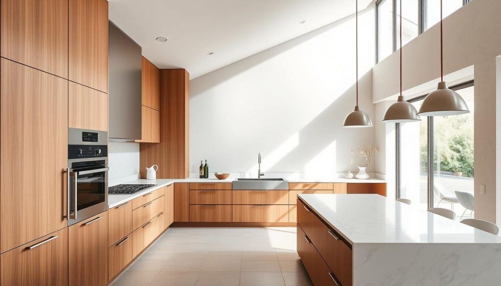 A modern, custom-designed kitchen in Villeurbanne, France, showcasing the exceptional craftsmanship of Kitchen Prestige. Sleek, minimalist cabinetry in a warm, neutral palette contrasts with the bold, angular architecture. Abundant natural light streams in through large windows, casting a soft, diffused glow over the space. Gleaming, stainless-steel appliances and a pristine, marble-topped island create a refined, professional-grade cooking environment. The layout is optimized for efficiency and functionality, with ample counter space and strategic placement of storage and prep areas. The overall impression is one of timeless elegance and bespoke, tailored design.