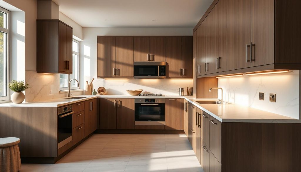 A modern, custom-designed kitchen in the "Kitchen Prestige" brand, featuring clean lines, sleek cabinetry, and integrated appliances. The layout is optimized for efficiency, with ample counter space and strategic storage solutions. Warm, natural lighting floods the space, highlighting the premium materials and finishes, such as brushed metal hardware and a marble backsplash. The overall aesthetic is one of understated elegance, perfectly suited for a discerning home chef. The image captures the kitchen from a slightly elevated angle, showcasing the harmonious interplay of form and function.