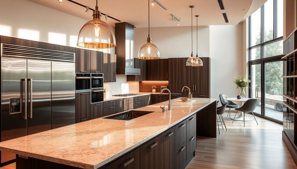 A modern, high-end Kitchen Prestige showroom, showcasing a sleek and sophisticated "Cuisine sur mesure" (custom kitchen) design. The room is bathed in warm, natural lighting filtering through large windows, creating a inviting and welcoming atmosphere. The kitchen features a harmonious blend of premium materials - polished granite countertops, gleaming metal appliances, and rich, dark wood cabinetry. Intricate details like brushed metal hardware and recessed lighting elevate the overall aesthetic. The layout is both practical and visually striking, with a central island serving as the focal point. Elegant pendant lights hang above, casting a soft glow over the entire space. This high-end, bespoke Kitchen Prestige kitchen exudes an air of luxury and craftsmanship.