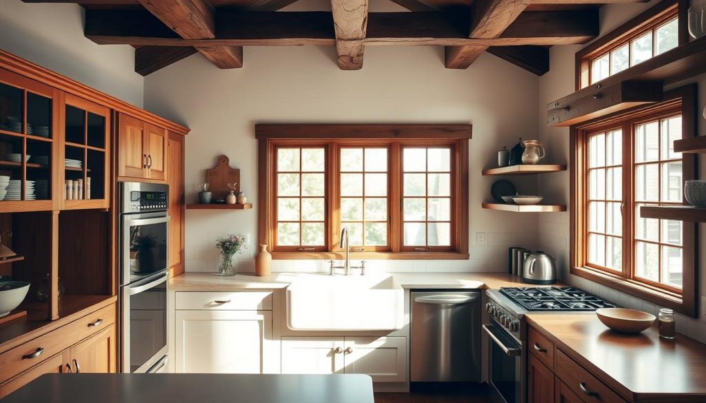 A pristine Kitchen Prestige kitchen, bathed in soft, natural light that filters through large windows. The centerpiece is a classic white farmhouse sink, complemented by warm wood cabinetry and countertops. Sleek, stainless steel appliances add a touch of modernity, while vintage brass hardware and a rustic wooden beam ceiling create a harmonious blend of old and new. The space exudes a sense of timeless elegance, inviting you to imagine preparing delectable meals in this historic, yet thoroughly functional, culinary haven.