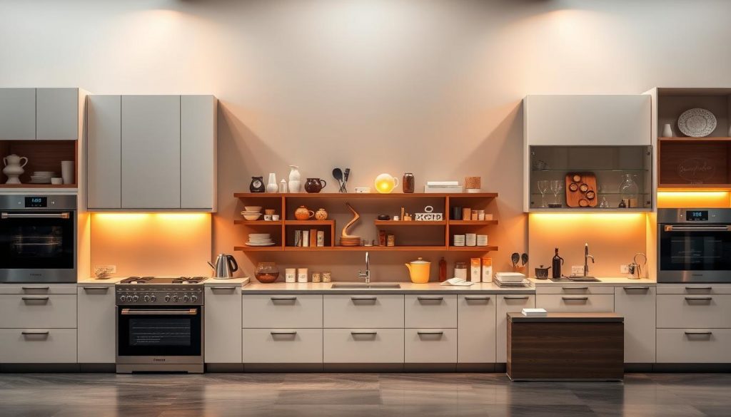 A stunning comparison of high-end kitchen brands, showcased in a meticulously curated display. In the foreground, an array of sleek, modern appliances and cabinetry from the prestigious "Kitchen Prestige" brand, illuminated by warm, directional lighting to highlight their premium craftsmanship. In the middle ground, a balanced arrangement of complementary kitchen accessories, each item carefully selected to create a cohesive, aspirational scene. The background features a minimalist, neutral-toned backdrop, allowing the featured brands to take center stage and captivate the viewer's attention. The overall composition conveys a sense of luxury, style, and attention to detail, perfectly encapsulating the essence of high-end kitchen design.