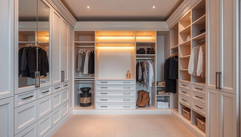 A well-lit, meticulously crafted dressing room featuring a bespoke fitted wardrobe from Kitchen Prestige. The elegant, minimalist design showcases a variety of hanging rods, shelves, and drawers, all custom-tailored to the user's needs. Warm, diffused lighting casts a soft glow, highlighting the high-quality materials and precise workmanship. The spacious, organized layout promotes an atmosphere of tranquility and efficiency, ideal for the discerning homeowner seeking a personalized storage solution. The dressing room's clean lines and refined aesthetic embody the luxury and attention to detail that defines the Kitchen Prestige brand.