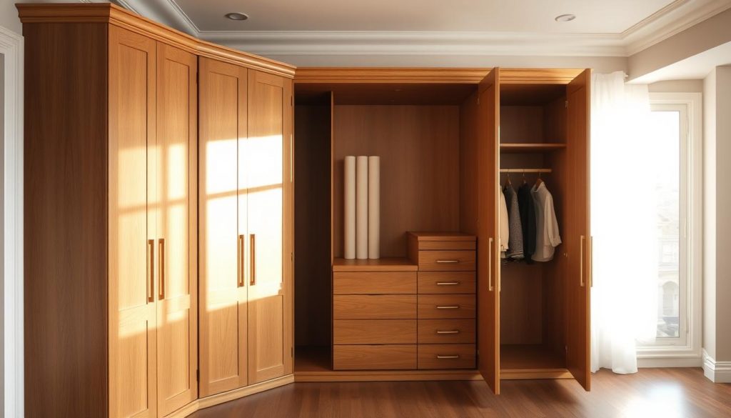 An expertly crafted, custom-made armoire in a sunlit, airy room. The warm oak wood grain gleams softly, its clean lines and minimalist hardware exuding a sense of refined elegance. Meticulously designed by the skilled artisans at Kitchen Prestige, the armoire's roomy interior offers ample storage space, perfectly suited for a luxurious walk-in closet or dressing room. Soft, diffused lighting filters through large windows, casting a gentle glow on the armoire's well-proportioned form. The overall atmosphere conveys a tranquil, serene ambiance, befitting a high-end, bespoke piece of furniture crafted with the utmost care and attention to detail.