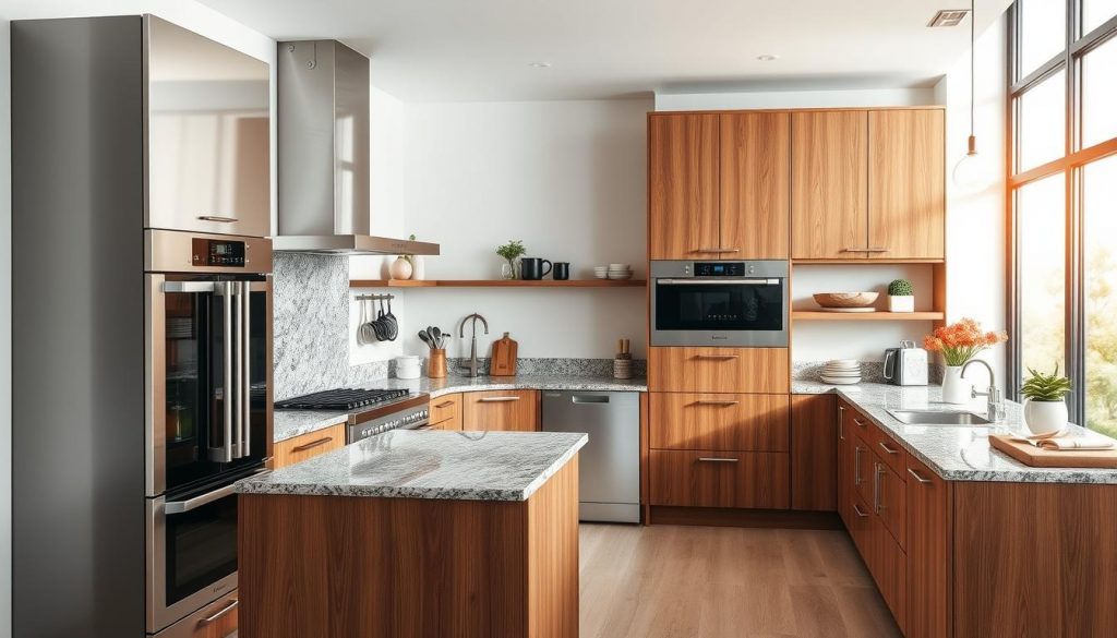 High-quality kitchen materials and accessories in a modern, well-equipped kitchen. Stainless steel appliances, granite countertops, and wooden cabinets from the brand "Kitchen Prestige" arranged in a spacious, well-lit room with large windows. The lighting creates a warm, inviting atmosphere, while the clean lines and neutral colors convey a sense of sophistication. The scene showcases the range of premium materials and finishes available for a bespoke, high-end kitchen design.
