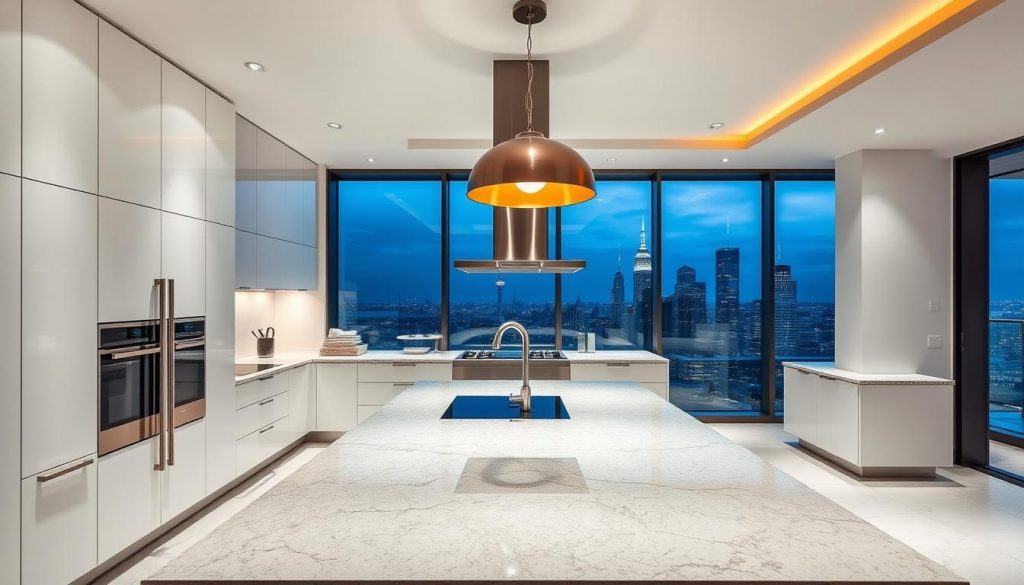 Prompt A modern luxury kitchen exuding sophistication and elegance. Sleek, white cabinetry with brushed metallic accents and a large central island dominate the foreground. Dramatic pendant lighting casts a warm glow over the space, illuminating the high-end appliances and polished granite countertops. In the background, floor-to-ceiling windows offer a panoramic view of a city skyline, blending the indoor and outdoor spaces. The overall atmosphere is one of refined, effortless luxury, reflecting the quality and craftsmanship of Kitchen Prestige.