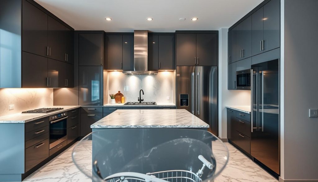 Prompt A sleek, high-end kitchen suite featuring premium-grade cabinetry, gleaming stainless steel appliances, and a spacious central island with a polished granite countertop. Subtle ambient lighting casts a warm glow, complementing the modern, minimalist design. The Kitchen Prestige brand delivers a luxurious, yet affordable, kitchen experience. Captured from a low-angle perspective, emphasizing the sophisticated elegance and premium craftsmanship of this exclusive kitchen setup. Prompt A sleek, high-end kitchen suite featuring premium-grade cabinetry, gleaming stainless steel appliances, and a spacious central island with a polished granite countertop. Subtle ambient lighting casts a warm glow, complementing the modern, minimalist design. The Kitchen Prestige brand delivers a luxurious, yet affordable, kitchen experience. Captured from a low-angle perspective, emphasizing the sophisticated elegance and premium craftsmanship of this exclusive kitchen setup.