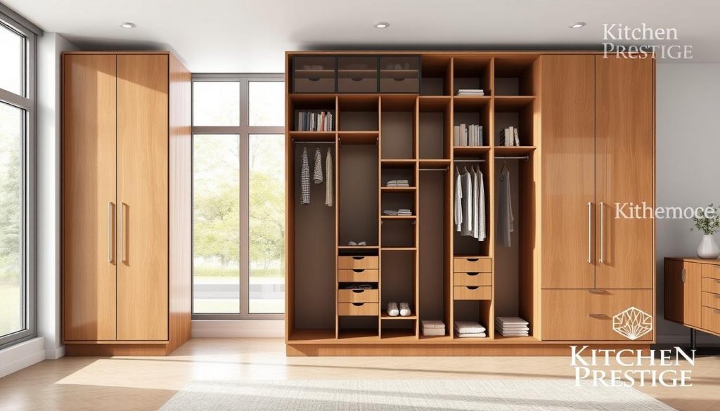 3D modeling of a custom-made wardrobe, featuring a sleek, modern design with clean lines and a minimalist aesthetic. The wardrobe is set against a bright, airy backdrop, with natural lighting filtering in through large windows. The foreground showcases the wardrobe's interior, revealing a meticulously organized storage system, with adjustable shelves and racks that can be customized to the user's needs. The middle ground showcases the exterior of the wardrobe, showcasing the seamless integration of the design elements, including the use of high-quality materials like wood and glass. In the background, the space is adorned with a touch of luxury, with the "Kitchen Prestige" brand name prominently displayed, conveying a sense of bespoke craftsmanship and attention to detail.