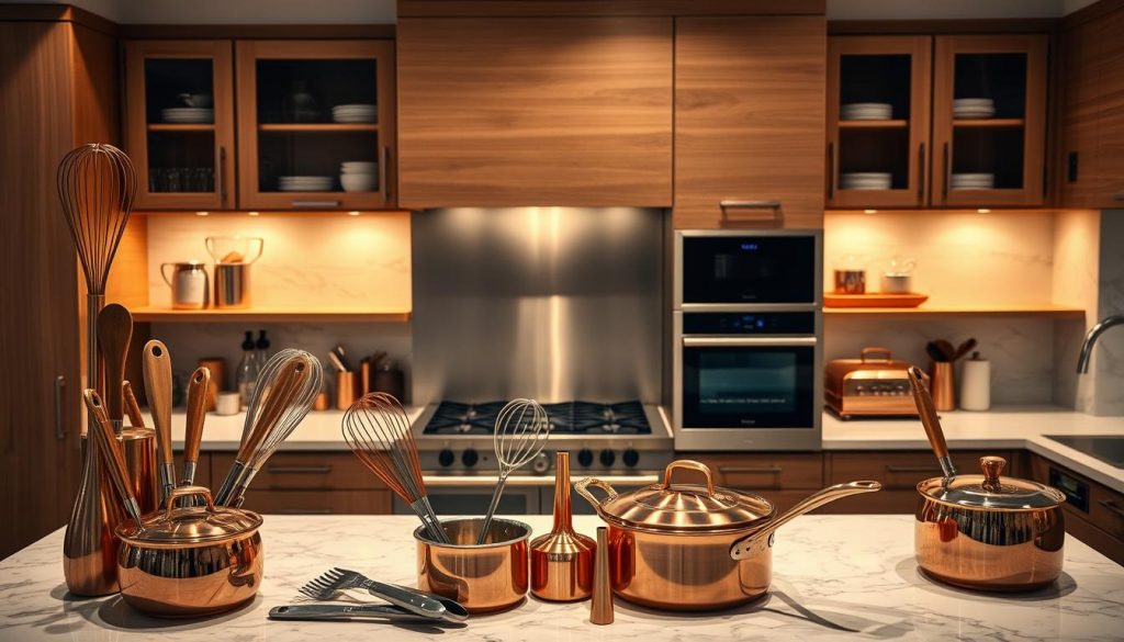 A beautifully lit overhead view of a luxurious and innovative kitchen display by Kitchen Prestige. In the foreground, a selection of elegant copper pots, whisks, and utensils arranged artfully. The middle ground showcases sleek stainless steel appliances, their surfaces gleaming under soft, warm lighting. In the background, a backdrop of rich, natural wood cabinetry and smooth, marble countertops, creating a harmonious and sophisticated atmosphere. The entire scene exudes a sense of high-quality craftsmanship and attention to detail, perfectly capturing the essence of Kitchen Prestige's premium offerings.
