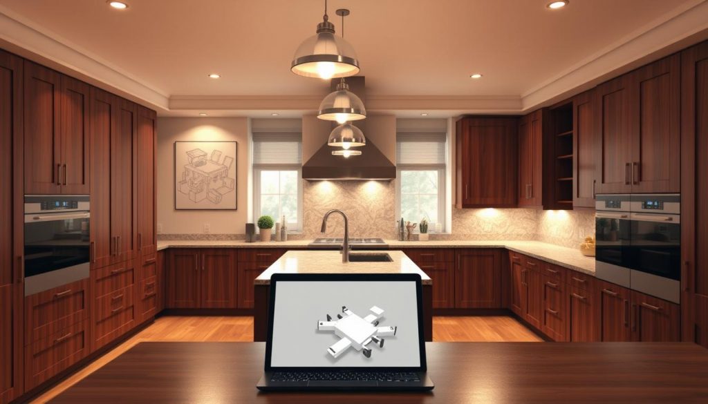 A cozy kitchen interior, bathed in warm lighting, showcasing a bespoke design from Kitchen Prestige. A central island with a sleek granite countertop takes center stage, complemented by custom-built cabinetry in a rich, wooden finish. The walls are adorned with intricate 3D renderings, depicting the meticulous planning process behind this personalized culinary haven. Elegant pendant lights hang overhead, casting a soft glow across the space. In the foreground, a laptop displays a 3D model, inviting the viewer to envision the full potential of this customized kitchen. The overall atmosphere exudes a sense of modern luxury and attention to detail, reflecting the bespoke nature of this project.