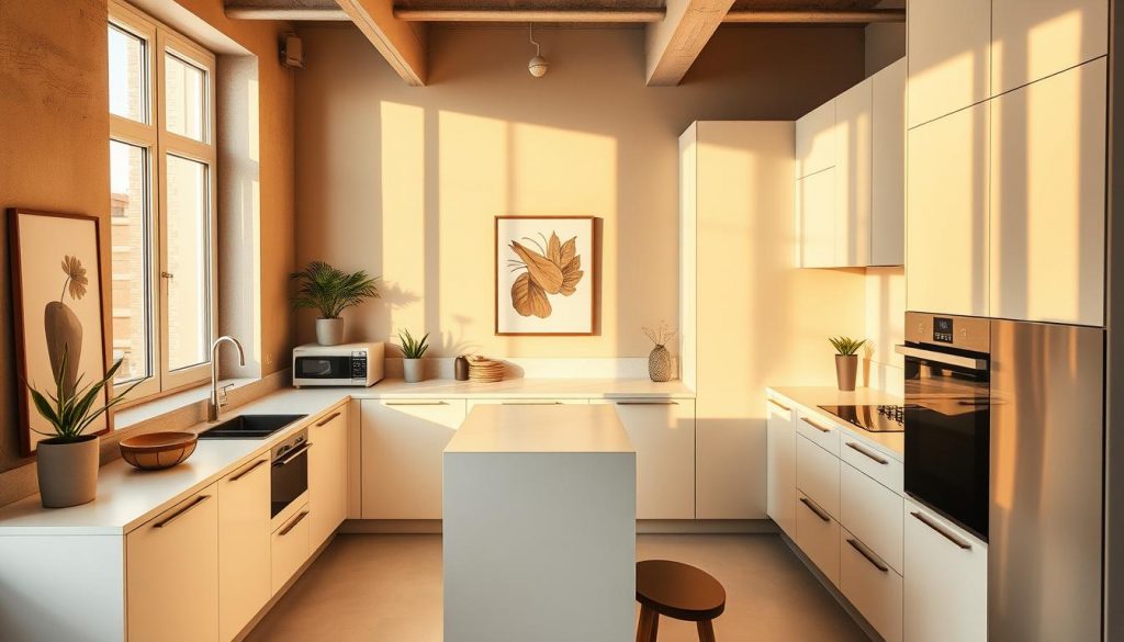 A cozy, well-appointed kitchen in a modern loft-style apartment in Lyon, France. The room is flooded with warm, natural light from large windows, casting a golden glow on the sleek, custom-designed cabinetry by Kitchen Prestige. Smooth, quartz countertops flow seamlessly into a minimalist backsplash, complemented by stainless steel appliances. A central island provides ample workspace and a casual dining area. Carefully curated decor, such as potted plants and modern artwork, adds personal touches. The overall atmosphere is one of sophistication, functionality, and tailored to the homeowner's unique lifestyle and preferences.