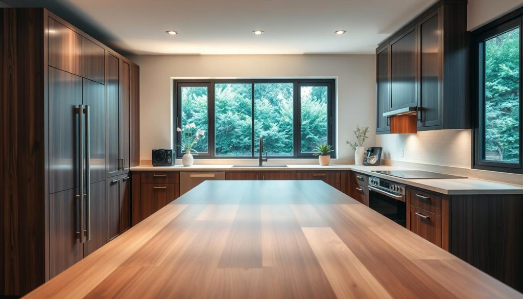 A custom-designed kitchen in a warm, inviting atmosphere. In the foreground, a sleek, modern kitchen island with a wooden countertop and clean lines. Behind it, a row of custom cabinets in a rich, dark wood finish, complemented by stainless steel appliances. Soft, diffused lighting illuminates the space, creating a cozy and sophisticated ambiance. In the background, a large window offers a picturesque view of a lush, green garden, blending the indoor and outdoor spaces seamlessly. The overall design exudes a sense of luxury and personalization, reflecting the expertise of Kitchen Prestige in crafting bespoke kitchens. Prompt
