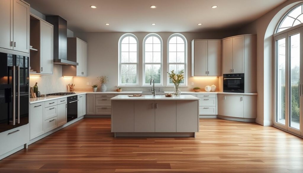 A custom-tailored kitchen designed by the experts at Kitchen Prestige. The focal point, a sleek central island, sits atop a hardwood floor in a warm, earthy tone. Recessed lighting casts a soft, ambient glow, complementing the modern, minimalist cabinetry. Tall, arched windows allow natural light to flood the space, creating a serene, airy atmosphere. Carefully selected accessories and decor elements add personal touches, reflecting the homeowner's unique style and preferences. The result is a harmonious, bespoke kitchen that seamlessly blends functionality and aesthetic appeal.