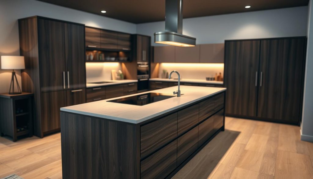 A detailed, close-up 3D render of a bespoke, custom-designed modern kitchen by Kitchen Prestige. The kitchen features sleek, minimalist lines, with a mix of dark wood and light, natural tones. The centerpiece is a large, multi-functional island with a built-in cooktop and ample counter space. Warm, diffused lighting illuminates the space, creating a cozy, inviting atmosphere. The scene is shot from a low angle, emphasizing the kitchen's scale and emphasizing the attention to detail. The background is blurred, keeping the focus firmly on the exquisite, tailored design of the Kitchen Prestige kitchen.