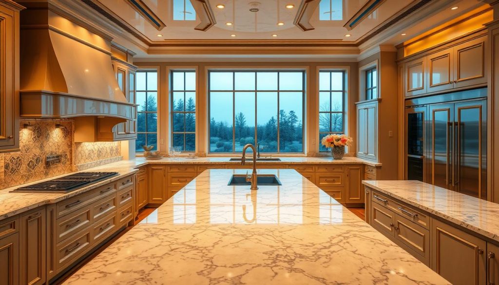 A grand, luxurious kitchen with bespoke craftsmanship takes center stage. Warm, ambient lighting casts a golden glow, highlighting the gleaming marble countertops and sleek, custom-built cabinetry of Kitchen Prestige. Intricate metalwork and premium appliances accentuate the attention to detail, while large windows flood the space with natural light, creating a sense of openness and sophistication. The layout is expertly designed, with a seamless flow between the cooking and dining areas. This image captures the essence of a truly personalized, high-end culinary sanctuary.