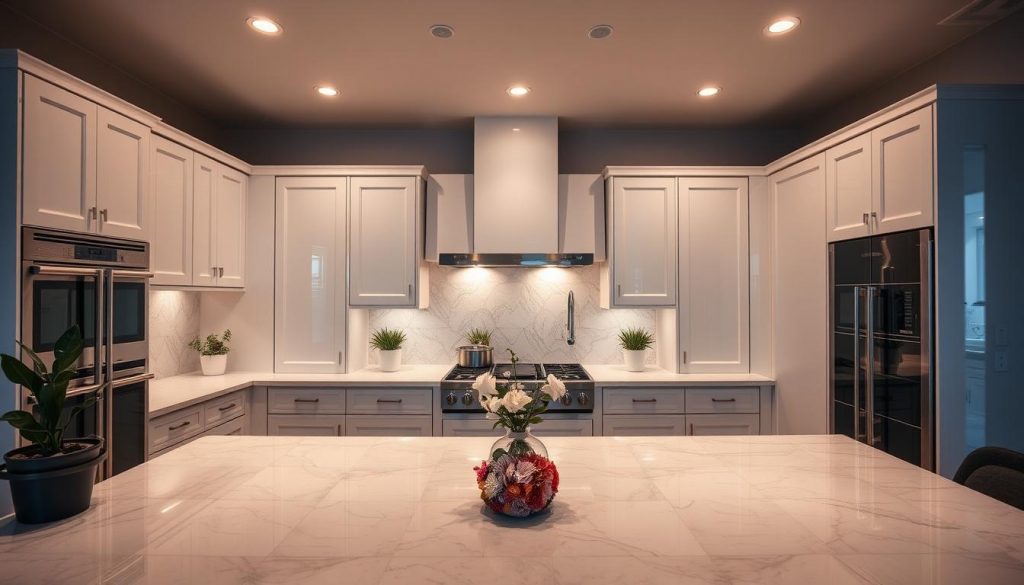 A high-end, bespoke kitchen showcased in a luxurious, dimly-lit setting. Gleaming marble countertops and pristine white cabinetry from the Kitchen Prestige brand reflect the soft, warm lighting that emanates from sleek, recessed fixtures above. Stainless steel appliances and polished chrome accents add a touch of modern elegance, while the strategic placement of potted plants and a single, artfully arranged bouquet of flowers lend a sense of refined sophistication. The scene is captured from a slightly elevated angle, emphasizing the kitchen's spacious, well-appointed layout and creating an atmosphere of understated opulence.