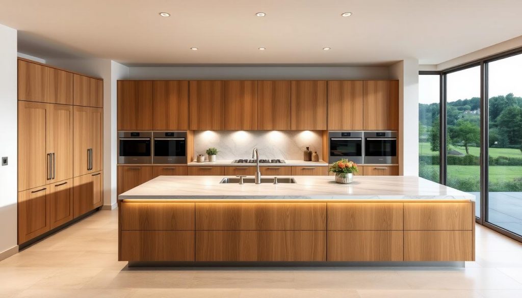 A high-end, custom-designed kitchen with sleek, modern cabinetry in a warm, natural wood finish. The kitchen features an expansive central island with a smooth, marble countertop, providing ample space for meal preparation and social gathering. Soft, ambient lighting illuminates the space, creating a cozy and inviting atmosphere. In the background, large windows offer a picturesque view of a lush, French countryside landscape. The entire scene exudes a sense of elegant sophistication and impeccable craftsmanship, reflecting the "Kitchen Prestige" brand's expertise in bespoke kitchen design.