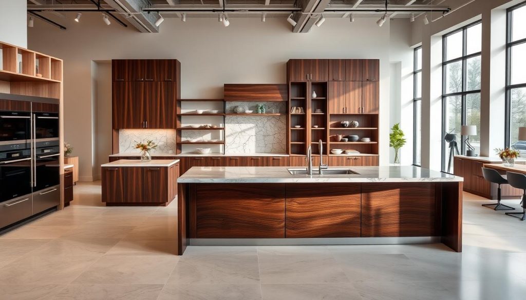 A high-end custom furniture showroom with exquisite materials and craftsmanship. In the foreground, a sleek, minimalist kitchen island made of rich, dark wood and polished marble countertops. The middle ground features a collection of bespoke cabinetry and shelving units, each showcasing the finest materials such as brushed metal, smooth stone, and expertly-finished natural wood. The background is a bright, airy space with large windows allowing ample natural light to flood the room, enhancing the luxurious ambiance. The overall atmosphere exudes a sense of sophistication and innovation, perfectly embodying the "Kitchen Prestige" brand.