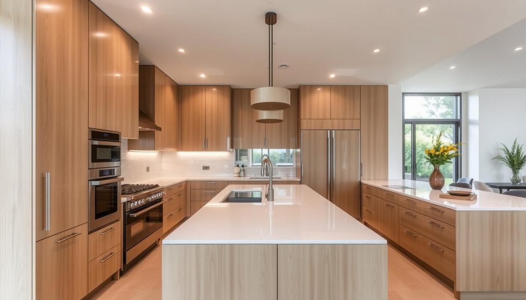 A high-end custom kitchen design by Kitchen Prestige. A sleek, modern kitchen with clean lines and a minimalist aesthetic. The kitchen features top-of-the-line stainless steel appliances, including a professional-grade oven and cooktop. Elegant light wood cabinetry with integrated handles and a large central island with a quartz countertop provide ample storage and prep space. Recessed lighting illuminates the space, creating a warm and inviting atmosphere. Large windows allow natural light to flood the room, complementing the refined Italian design elements. The overall impression is one of sophisticated style and personalized craftsmanship.