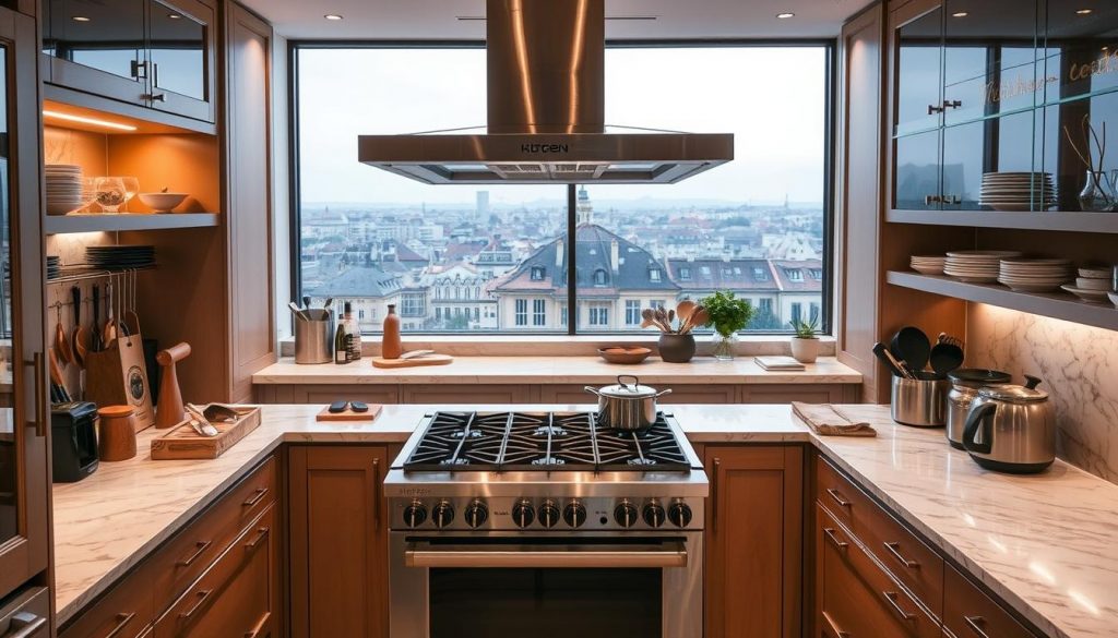 A high-end gourmet kitchen from Kitchen Prestige, showcasing their expertise and savoir-faire. A gleaming stainless steel oven, gas stovetop, and sous vide setup take center stage, surrounded by meticulously organized tools and ingredients. Soft, warm lighting illuminates the marble countertops and custom cabinetry, giving the space an air of sophistication. In the background, a panoramic window offers a view of a Lyon cityscape, adding an elegant touch. The overall atmosphere exudes a sense of culinary mastery and attention to detail, perfectly capturing the essence of the "L'expertise et le savoir‑faire de Kitchen Prestige" section.