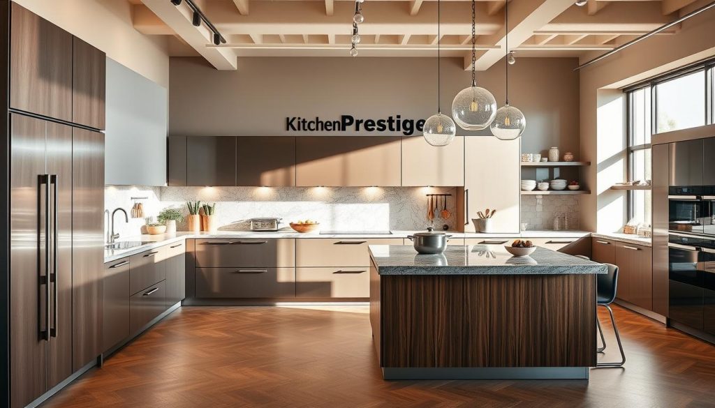 A high-end kitchen showroom in Lyon, France, with the "Kitchen Prestige" brand prominently displayed. The space is bathed in warm, natural lighting, accentuating the sleek, modern lines of the kitchen cabinetry and the premium-quality materials used, such as brushed steel, polished granite, and rich wood tones. The layout showcases a functional, yet visually appealing design, with a central island and ample counter space. Carefully curated accessories and cookware complement the overall aesthetic, conveying a sense of culinary expertise and savoir-faire. The image captures the essence of a luxurious, yet practical kitchen environment that embodies the brand's commitment to excellence.