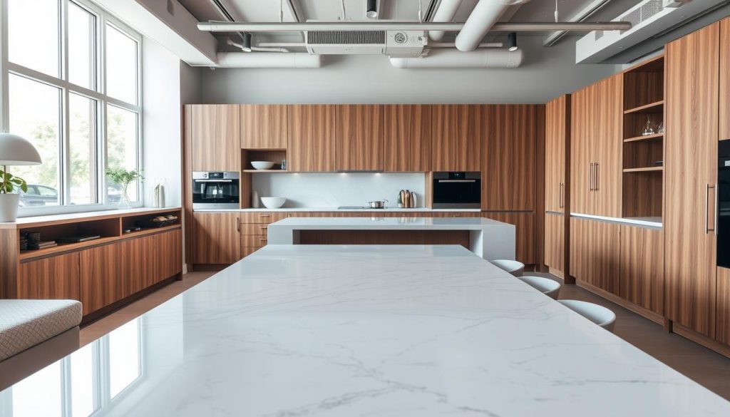A high-end kitchen showroom in the heart of Lyon, showcasing a collection of bespoke furniture crafted with precision and style. The foreground features a sleek, modern kitchen island with a smooth marble countertop, complemented by a set of minimalist bar stools. In the middle ground, custom-designed cabinetry in a warm, natural wood finish lines the walls, creating a cohesive and visually appealing space. The background reveals a large window, allowing natural light to flood the room and creating a bright, airy atmosphere. The overall scene conveys a sense of sophistication and attention to detail, reflecting the expertise of the brand "Kitchen Prestige".