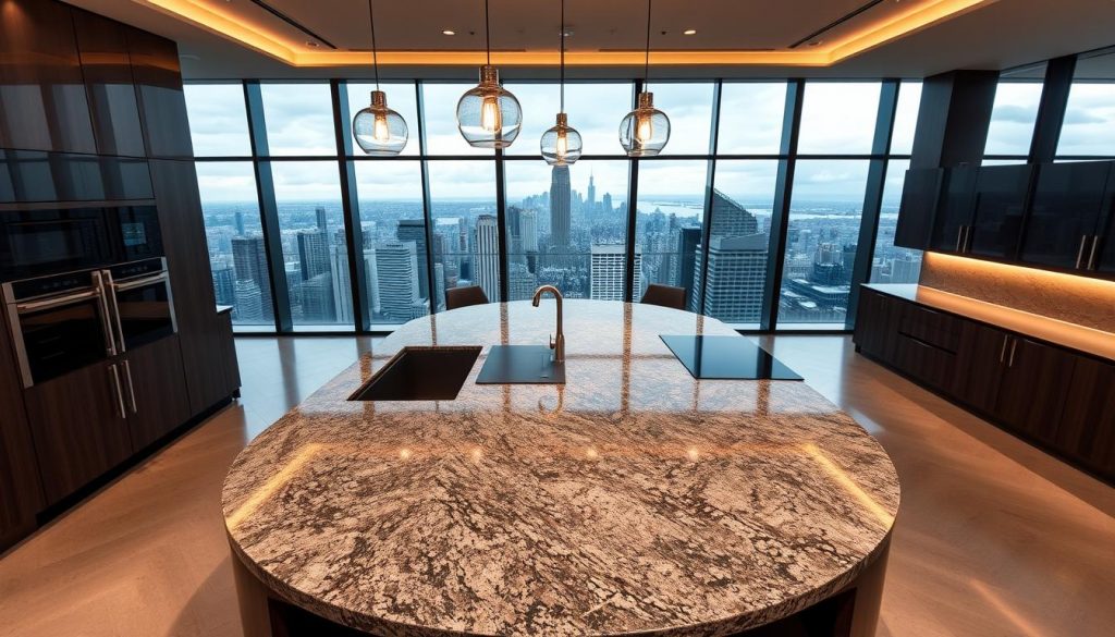 A high-end kitchen showroom with the brand name "Kitchen Prestige" takes center stage. The sleek, modern design features a large, curved island countertop made of polished granite. Elegant pendant lights hang overhead, casting a warm, inviting glow. In the background, floor-to-ceiling windows offer a panoramic view of a bustling city skyline. The space is designed to showcase the brand's commitment to custom, made-to-measure cabinetry and finishes, creating a luxurious and personalized cooking environment. The overall mood is one of sophistication, exclusivity, and the promise of a tailored culinary experience.