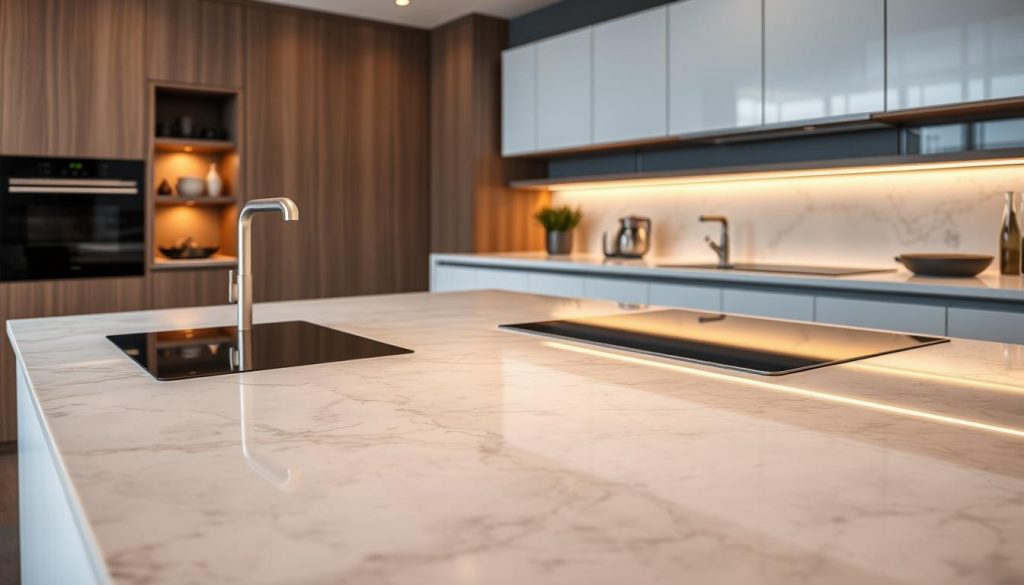 A high-end modern kitchen featuring the latest "Kitchen Prestige" innovative countertop technologies. Sleek, minimalist design with clean lines and a luxurious polished stone surface that shimmers under the warm, soft lighting. Strategically placed light sources cast dramatic shadows, highlighting the unique texture and patterns of the premium material. The countertop seamlessly integrates advanced features like built-in induction cooktops, smart appliance controls, and discreet charging stations. An atmosphere of sophistication and indulgence, reflecting the prestige and exclusivity of this exceptional kitchen design.
