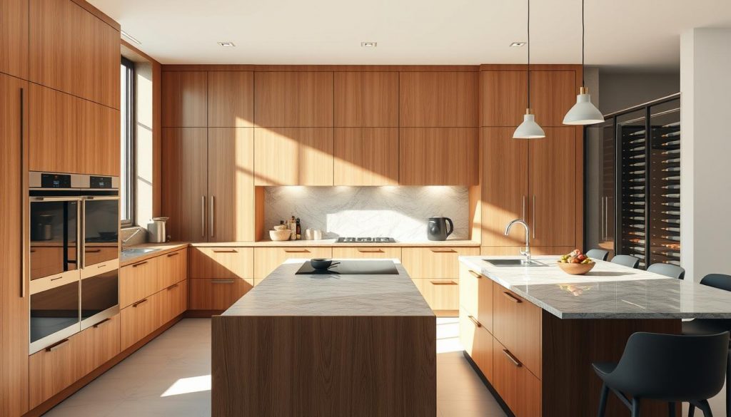 A high-quality, meticulously crafted 3D rendering of a custom luxury kitchen from Kitchen Prestige. The scene depicts an elegant, modern kitchen with sleek, minimalist cabinetry in a warm, natural wood tone. Sunlight streams in through large windows, casting a soft, ambient glow over the space. Intricate details like polished stainless steel appliances, a sculpted granite countertop, and a stunning glass-enclosed wine cellar are all rendered with exceptional realism. The kitchen's layout is designed for optimal functionality, with a central island and thoughtfully placed work zones. An air of sophistication and bespoke craftsmanship permeates the entire scene, perfectly capturing the "Processus de 'cuisine conception 3d à Lyon' sur-mesure".