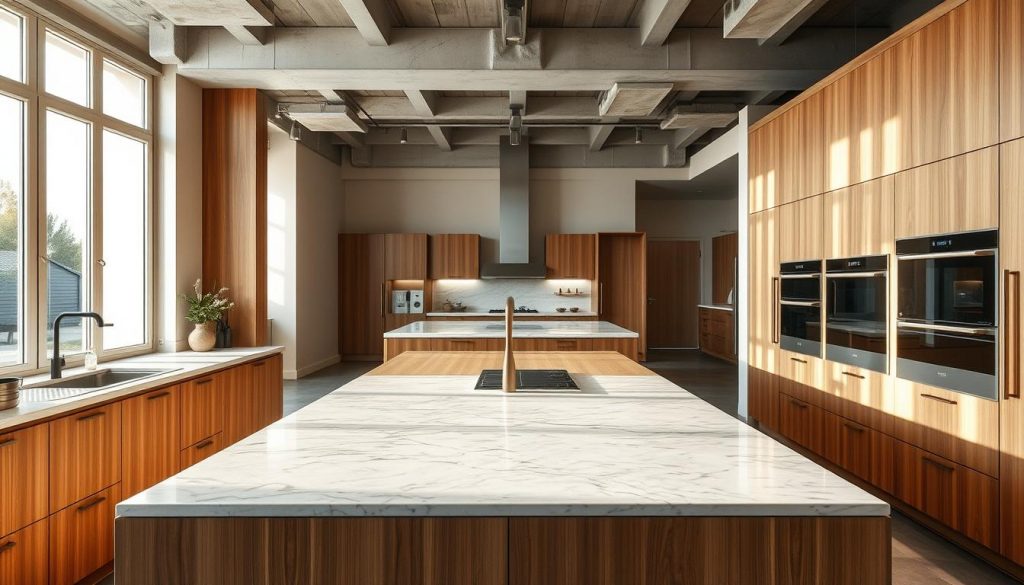 A highly detailed, luxurious kitchen showroom in Lyon, France, showcasing the expert craftsmanship of Kitchen Prestige. The foreground features a gleaming, custom-designed kitchen island with a marble countertop, surrounded by sleek, modern cabinetry in a warm, wood finish. Soft, natural lighting filters in through large windows, casting a cozy glow over the scene. In the middle ground, high-end kitchen appliances and accessories are elegantly displayed, while the background reveals a sophisticated, minimalist interior design with polished concrete floors and neutral-toned walls. The overall atmosphere conveys a sense of refined elegance and bespoke luxury.