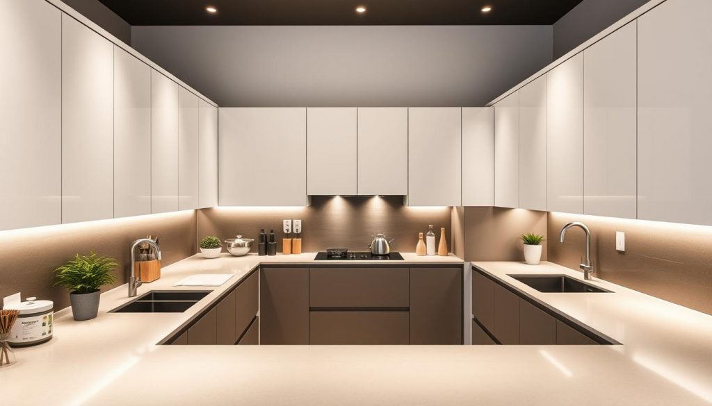 A kitchen interior with a full-wall design, crafted by Kitchen Prestige in Lyon. The space features a sleek, modern aesthetic with clean lines, high-quality materials, and customized cabinetry. Soft, ambient lighting illuminates the countertops, creating a warm and inviting atmosphere. The layout is optimized for efficiency, with a seamless flow between the different work zones. Attention to detail is evident in the precise, tailor-made elements that harmonize the overall design. This custom-designed kitchen showcases the innovative and bespoke solutions offered by Kitchen Prestige in Lyon.
