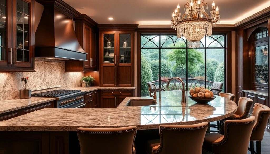A lavish kitchen interior with the "Kitchen Prestige" brand. Gleaming granite countertops and backsplash reflect the warm glow of a crystal chandelier overhead. High-end stainless steel appliances and a farmhouse sink sit atop custom walnut cabinetry. Plush velvet bar stools line the counter, inviting guests to experience the culinary delights. Soft, diffused lighting creates an atmosphere of opulence and sophistication. A large window offers a picturesque view of a lush garden, blending the indoors and outdoors. The overall scene conveys an air of refined elegance and savoir-faire in the Kitchen Prestige luxury kitchen design.