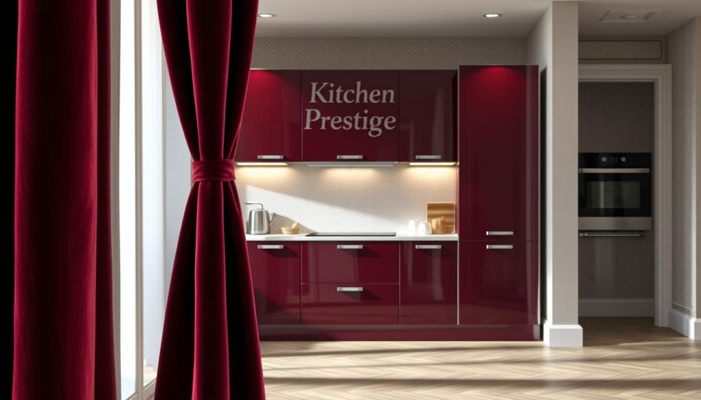 A luxurious Italian fabric with a refined French savoir-faire. In the foreground, a sumptuous velvet curtain in a deep burgundy hue cascades elegantly, its plush texture inviting touch. The middle ground features a gleaming, lacquered kitchen cabinet in a sleek, contemporary design bearing the "Kitchen Prestige" brand name. Soft, diffused lighting illuminates the scene, casting a warm, sophisticated glow. In the background, a subtle herringbone pattern on the walls subtly references traditional French interior design. An atmosphere of refined elegance and impeccable craftsmanship pervades the composition.
