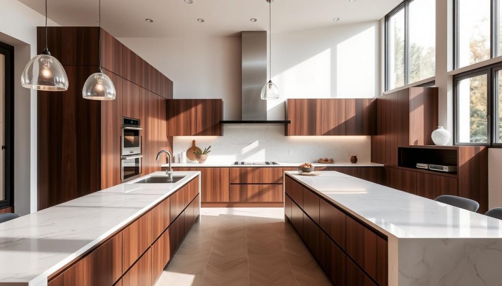 A luxurious and meticulously designed Kitchen Prestige linear kitchen showcased in a warm, sunlit interior in Lyon. The sleek cabinetry in a rich, dark wood tone complements the light marble countertops, creating a harmonious and visually striking arrangement. Subtle pendant lighting casts a soft glow, highlighting the kitchen's refined elegance. Large windows allow natural light to flood the space, giving it an airy and inviting atmosphere. The kitchen's linear layout emphasizes the room's 5-meter dimension, exuding a sense of modern sophistication and optimal spatial utilization.