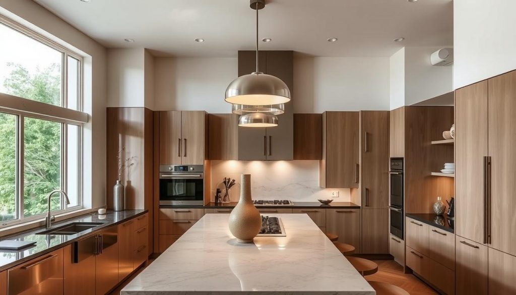 A luxurious and meticulously designed modern kitchen, showcasing the innovative craftsmanship of Kitchen Prestige. Sleek, high-end fixtures and finishes in a warm, neutral color palette create a sophisticated ambiance. Dramatic pendant lighting illuminates the central island, while large windows bathe the space in natural light. Carefully curated decorative elements, such as a sculptural vase and artful ceramics, add touches of elegance. The overall composition emphasizes the harmony of form, function, and attention to detail that defines custom Kitchen Prestige design.