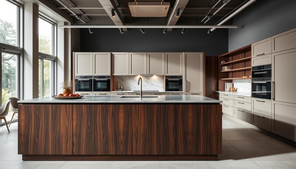 A luxurious, bespoke kitchen showroom in the heart of Lyon, France. A sleek, modern interior with high ceilings and large windows, flooding the space with natural light. In the foreground, a stunning island unit in rich, dark wood, with a polished marble countertop. Strategically placed spotlights highlight the intricate craftsmanship and attention to detail. In the middle ground, rows of custom-designed cabinets and drawers, finished in a muted, neutral palette that exudes sophistication. The background features an array of premium appliances from leading brands, seamlessly integrated into the overall design. This is the world of Kitchen Prestige, where luxury and personalization converge to create the ultimate culinary haven.