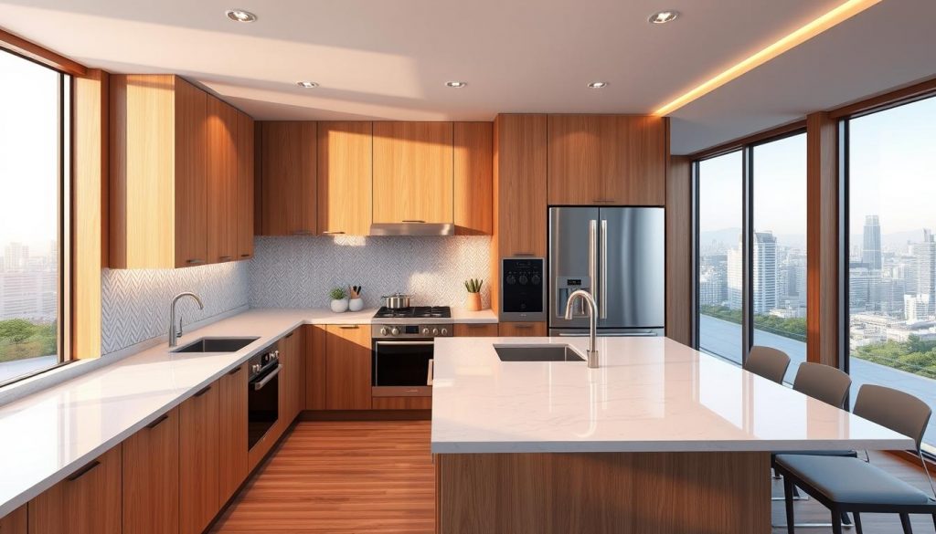 A luxurious custom-designed 3D kitchen in a high-end residential interior. Sleek, modern cabinets in a warm, natural wood finish. Gleaming quartz countertops reflect the soft, ambient lighting. A central island with a waterfall edge provides ample prep space. High-end stainless steel appliances seamlessly integrated into the design. Intricate tile backsplash in a classic herringbone pattern. Expansive windows flood the space with natural light, offering picturesque views of a tranquil urban landscape. The Kitchen Prestige brand exemplifies superior craftsmanship and timeless elegance.