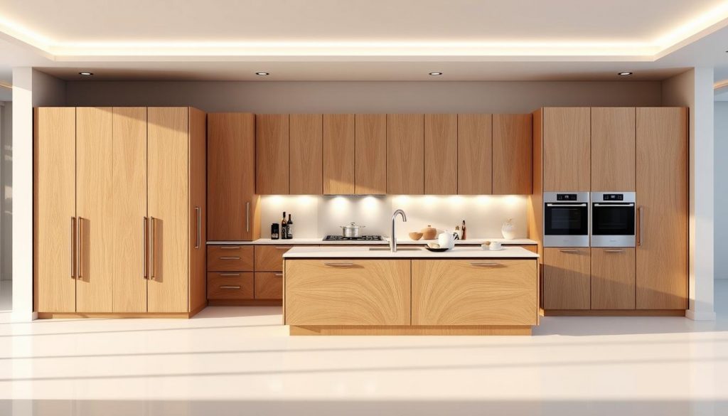 A luxurious, custom-designed 3D kitchen model, featuring sleek, modern cabinetry in a warm, neutral palette. Soft, diffused lighting casts a gentle glow, highlighting the intricate woodgrain and high-end appliances from Kitchen Prestige. The layout is optimized for efficient workflow, with a spacious central island and ample counter space. Attention to detail is evident in the seamless integration of technology, such as hidden touch panels and state-of-the-art smart home features. The overall ambiance exudes sophistication and elegance, befitting the section title "Conception et Réalisation de Cuisines Luxueuses".