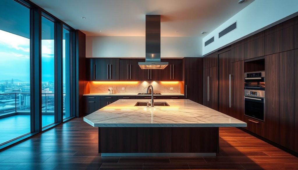 A luxurious, custom-designed kitchen from Kitchen Prestige, showcasing an exquisite blend of high-end materials and impeccable craftsmanship. The sleek, modern design features a large central island with a polished marble countertop, complemented by a range of built-in appliances seamlessly integrated into the cabinetry. Warm, indirect lighting casts a soft glow, highlighting the rich, dark wood tones and subtle metallic accents. In the background, floor-to-ceiling windows offer a panoramic view of a picturesque urban landscape, adding to the overall sense of elegance and sophistication. This bespoke kitchen exemplifies the luxurious, custom-tailored experience that Kitchen Prestige provides.