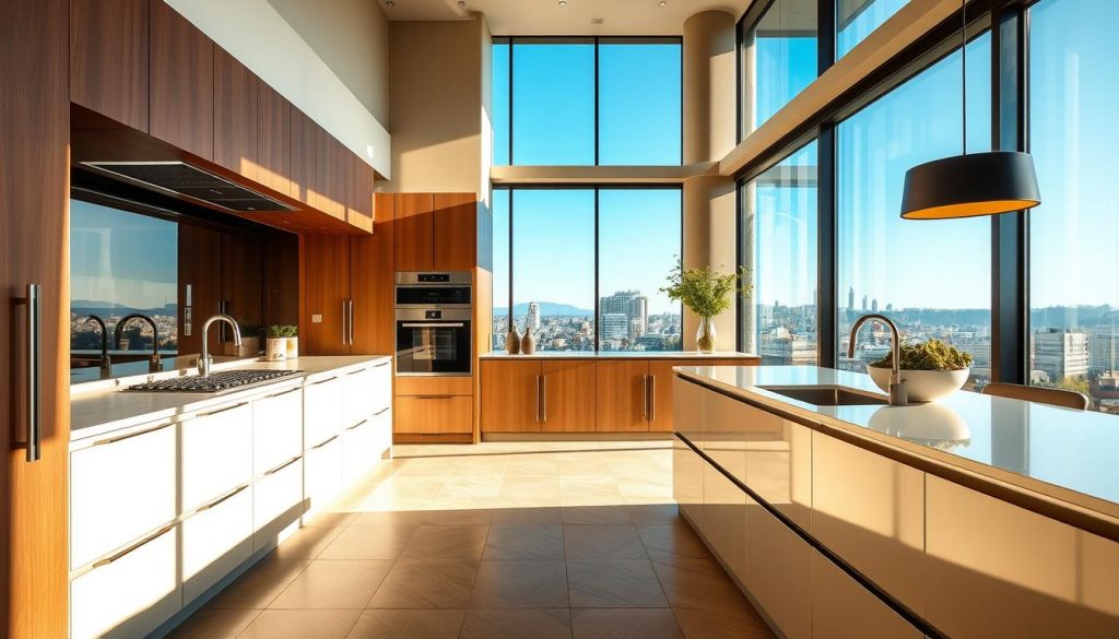 A luxurious, custom-designed kitchen in Lyon, France, bathed in warm, natural light. In the foreground, the Kitchen Prestige brand's sleek, modern cabinetry and countertops command attention, showcasing high-end materials and impeccable craftsmanship. The middle ground features a state-of-the-art, built-in appliance suite, seamlessly integrated into the design. In the background, large windows offer a stunning view of the city skyline, creating a sense of space and sophistication. The overall atmosphere is one of sophisticated elegance, where form and function harmoniously combine to create a truly bespoke culinary experience.