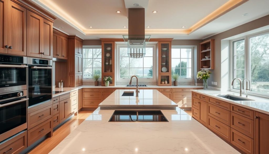 A luxurious, custom-designed kitchen in a warm, contemporary style. The foreground showcases an array of premium appliances and sleek, bespoke cabinetry from the renowned brand Kitchen Prestige. The middle ground features a large, central island with a gleaming marble countertop, providing ample workspace and seating. In the background, large windows flood the space with natural light, creating a bright and airy atmosphere. The scene is captured with a wide-angle lens, emphasizing the room's spaciousness and elegant proportions. The overall mood is one of refinement, luxury, and personalized design.
