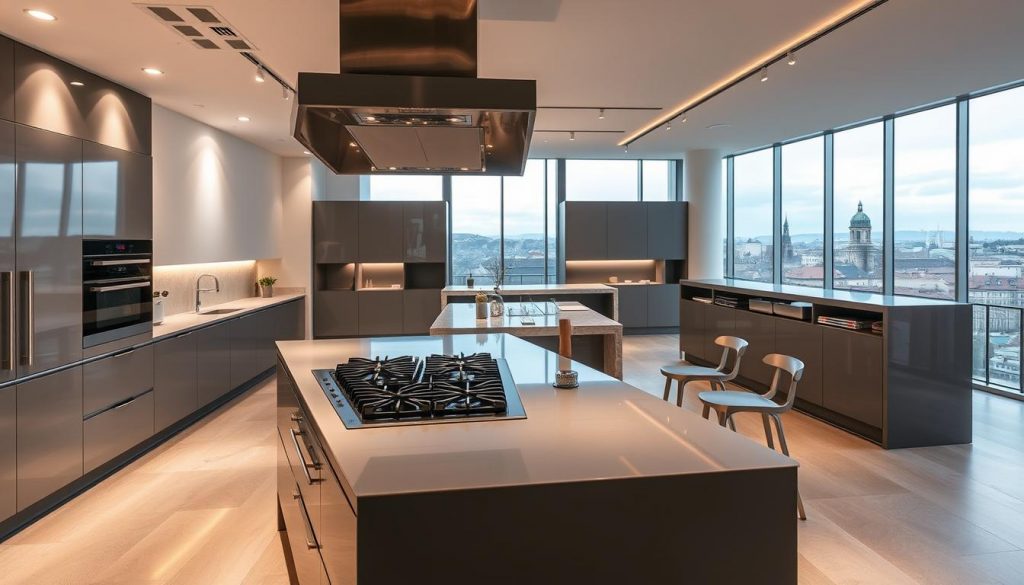 A luxurious high-end kitchen showroom in Lyon, France. In the foreground, a sleek, modern kitchen design featuring glossy, slate-gray cabinets and a large, integrated gas cooktop with a powerful exhaust hood. Soft, warm lighting emanates from recessed fixtures, casting a sophisticated ambiance. The middle ground showcases a central island with a marble countertop, complemented by brushed metal bar stools. In the background, floor-to-ceiling windows offer a panoramic view of the historic city. The space exudes an air of refined elegance, reflecting the craftsmanship and innovation of the "Kitchen Prestige" brand.