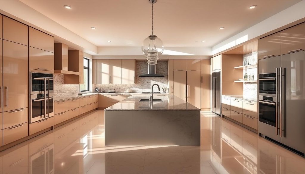 A luxurious, high-end kitchen showroom showcasing the exquisite craftsmanship of the Kitchen Prestige brand. Bathed in warm, natural lighting, the spacious interior features gleaming granite countertops, sleek lacquered cabinetry, and state-of-the-art stainless steel appliances. Elegant pendant lights hang gracefully above an expansive central island, creating a focal point for the room. The minimalist, modern design is accentuated by clean lines and a neutral color palette, exuding a sense of sophistication and timeless style. The overall atmosphere conveys a harmonious blend of functionality and visual appeal, perfectly capturing the essence of a high-end, custom-designed kitchen.